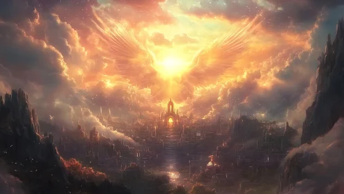 Sun-forged seraph crowns a radiant skyborne citadel.