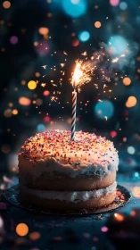 Multilayered Birthday Cake with Lit Sparkler Against Bokeh Particle Field