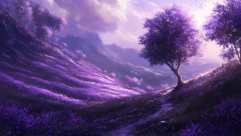 Lavender hillside valley glows under soft twilight sky