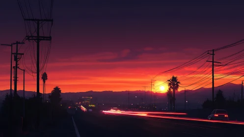 Sunset highway glows beneath vivid orange and violet sky
