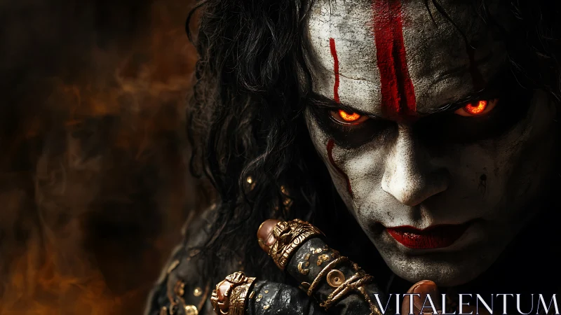 Close portrait of painted figure with glowing orange eyes.