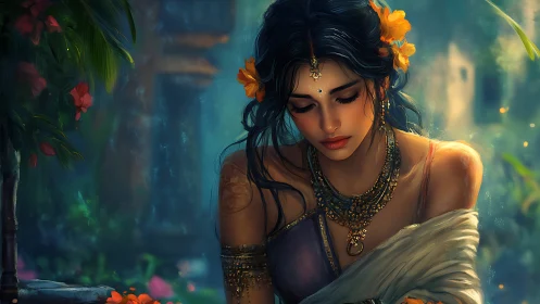 Melancholic woman in jeweled sari under soft tropical light.
