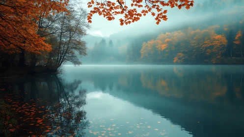 Foggy lakeside forest with autumn foliage reflected on water.