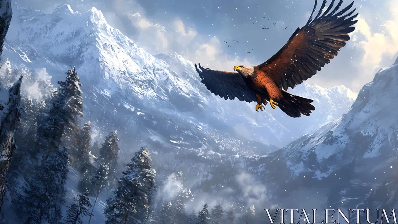Majestic Eagle Soaring Over Snowy Mountain Landscape, Digital Art.
