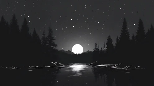 Monochrome moonlit forest lake under a starry night sky.
