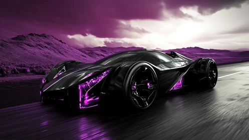 Futuristic black supercar glows with neon purple accents at speed.
