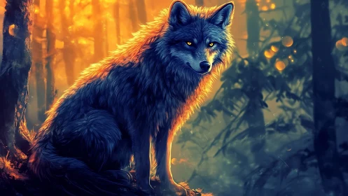 Digitally rendered wolf stands in a backlit forest scene