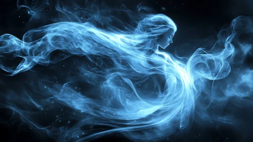 Ethereal blue spirit forms luminous woman in cosmic void