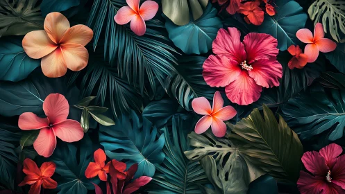 Tropical Blooms Amidst Lush Teal Foliage Creates Vibrant Garden Scene