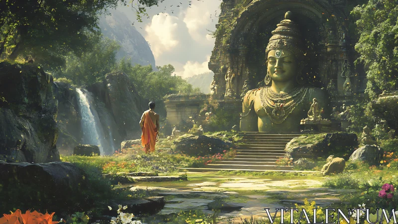 Monk approaching large stone deity in overgrown sanctuary.