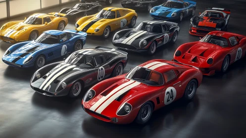Lineup of classic endurance race cars under soft diffused daylight