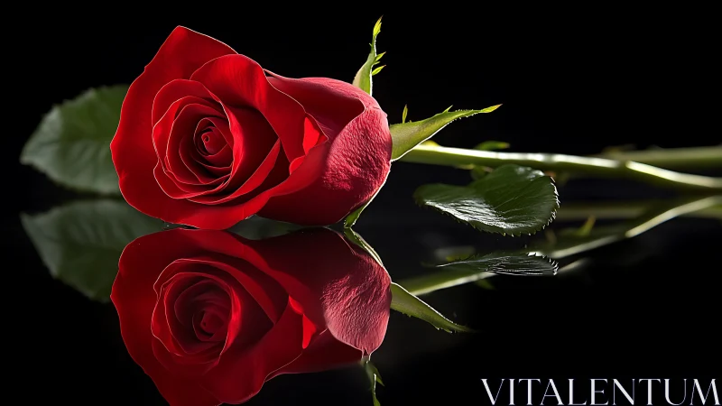 Red rose with reflection against black background.