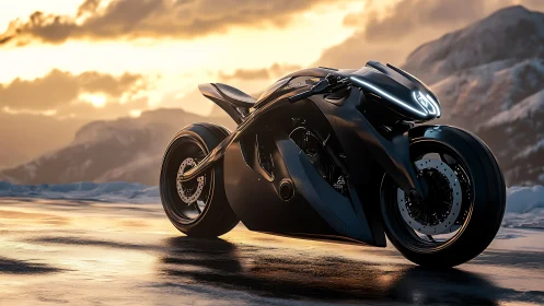 Futuristic black motorcycle rests on a glowing mountain road
