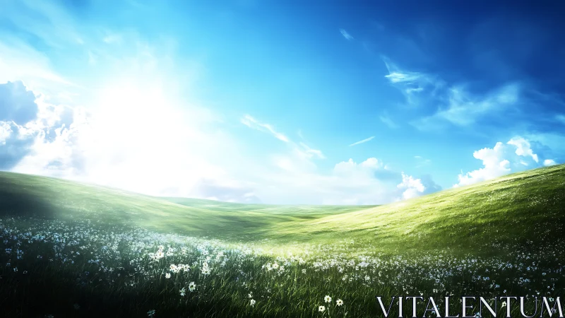 Digital landscape shows grassy hills under bright daylight sky