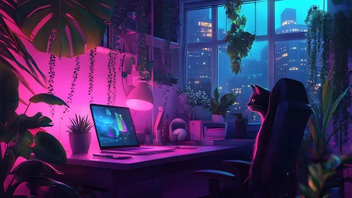 Neon jungle workspace with city lights and a curious cat.