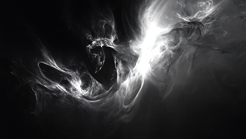 Monochrome fractal light forms interact across a dark field