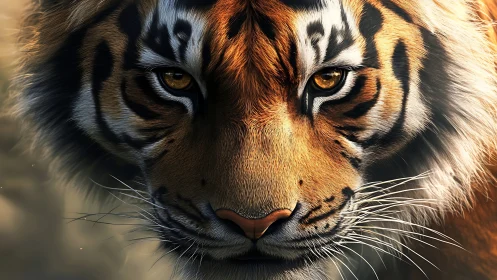 Close frontal view of tiger face with detailed fur texture.