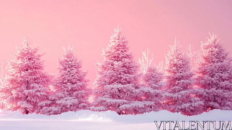 Pink frosted fir trees stand aligned under pastel winter sky