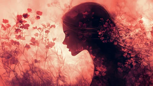 Silhouetted female profile merged with red floral overgrowth