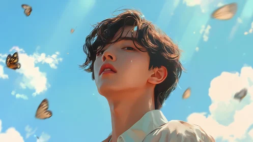 Skyward gaze with butterflies drifting through summer light.