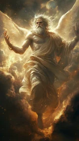 Majestic winged elder deity rising through glowing clouds.