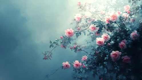 Misty Rose Garden Blooming Against Ethereal Teal Dreamscape