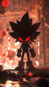 Dark hedgehog silhouette stands in fiery industrial corridor