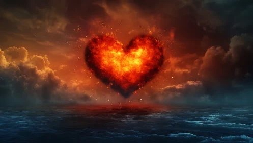 Burning Heart Form Against Stormy Sky and Ocean
