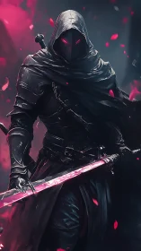 Midnight reaper strides through neon petals and burning steel