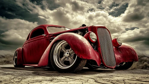 Low-angle portrait of a custom red hot rod under stormy skies