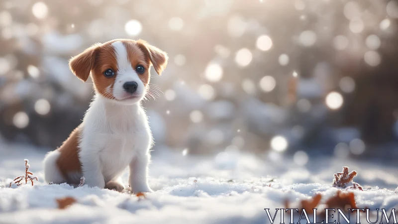 Snowlit puppy wonderland under a halo of winter sparkles.