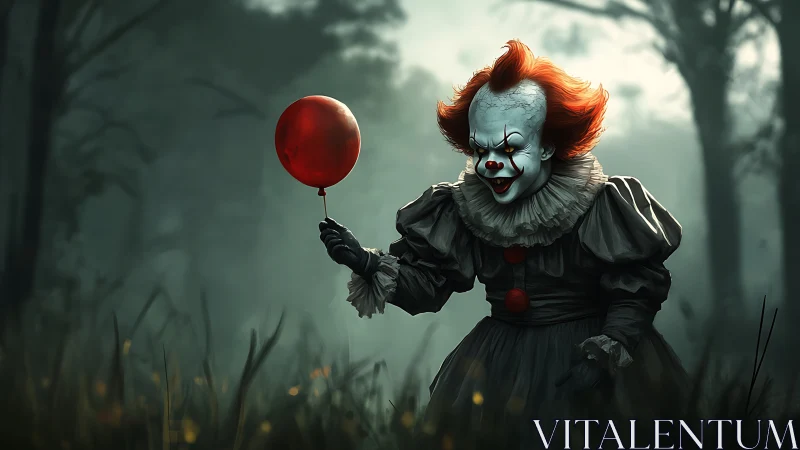 Sinister clown with red balloon advances through misty forest