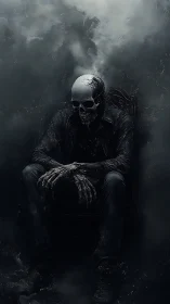 Skeletal figure sits in dense smoke-filled dark environment