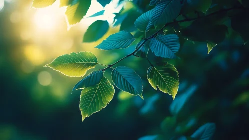Sunlit Green Leaves in Soft Focus Nature Photography.