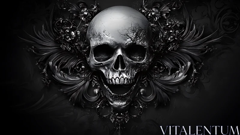 Human skull with ornate dark floral decorative elements.