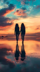 Silhouetted friends on mirrored shore at vivid sunset glow.