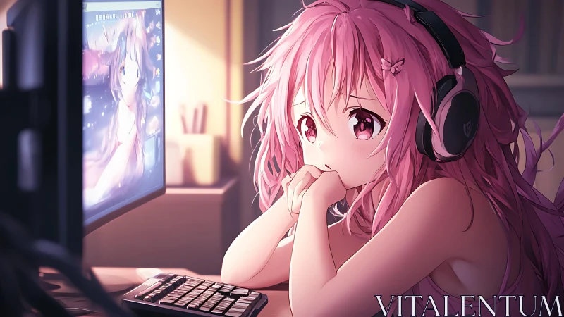 Anime girl at glowing monitor rendered in soft digital lighting