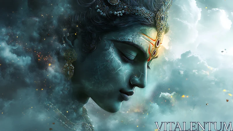 Divine celestial deity portrait in luminous teal nebula.