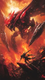 Giant red mech towers over lone warrior in fiery battle scene.