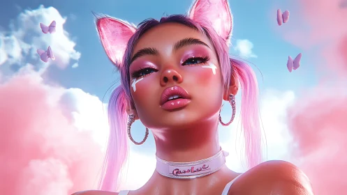 Neon catgirl fashion icon gazes up in pastel dream sky
