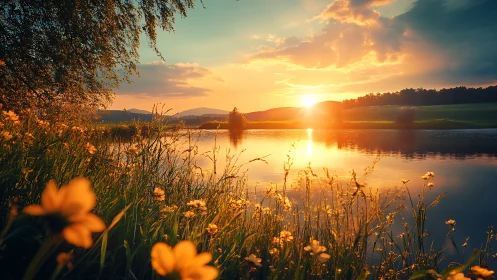 Photorealistic sunset lake with foreground wildflower framing.