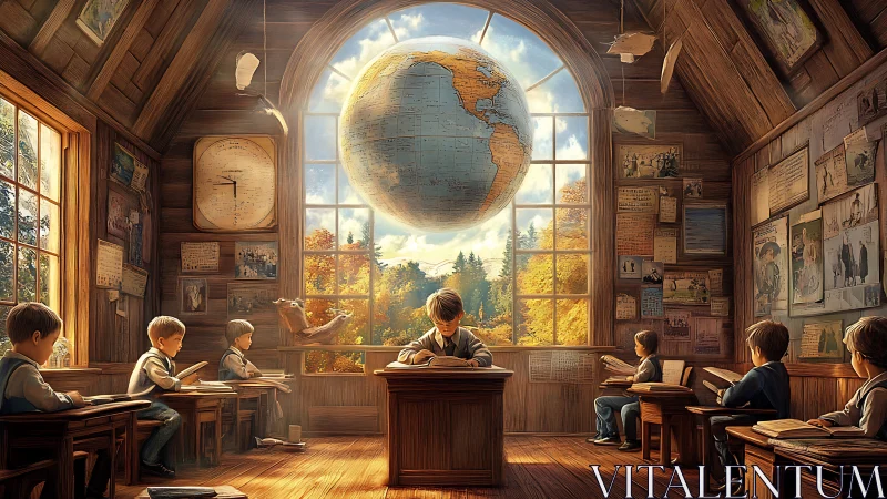 Sunlit vintage classroom where young imaginations explore worlds.