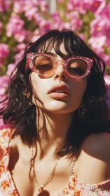High-key portrait of woman in pink acetate sunglasses outdoors