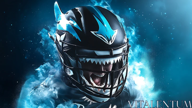 Predator helmet warrior roaring through electric blue storm.