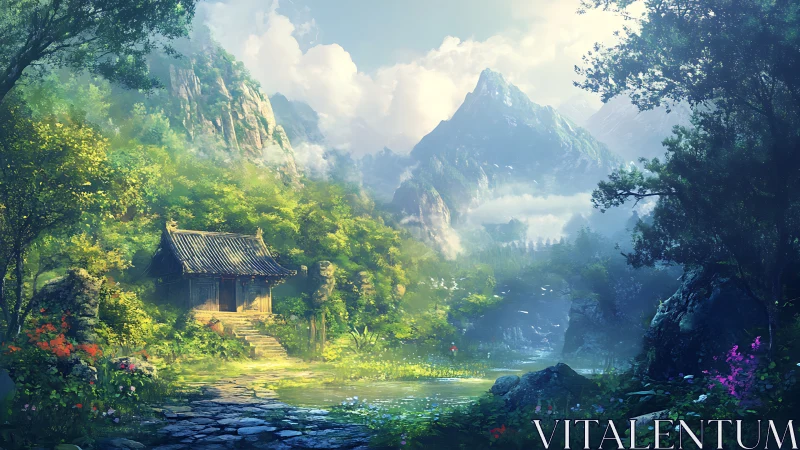 Mountain valley shrine stands beside reflective forest pond