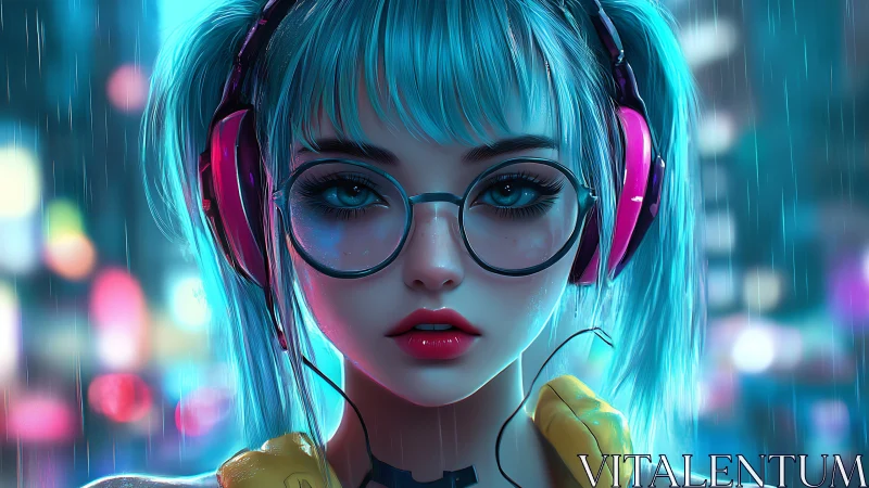 Neon rain hums while the headphone girl rewrites the night