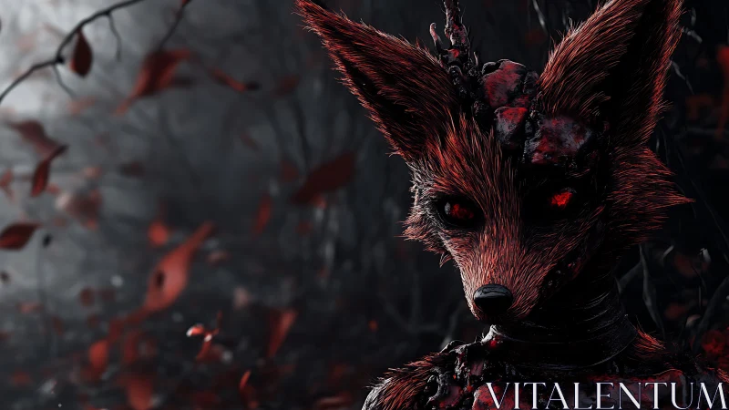 Cybernetic infernal fox with biomechanical armor in red forest