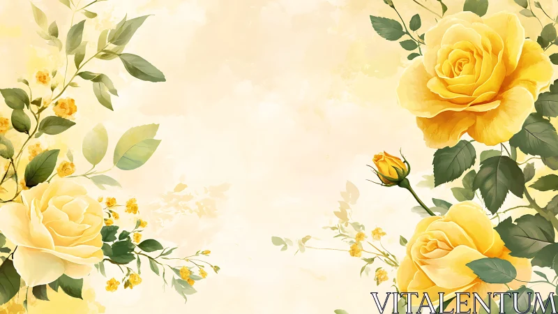 Yellow rose botanical composition with layered petals and foliage.