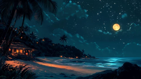 Tropical Nocturne: Moonlit Beach with Bioluminescent Architecture.