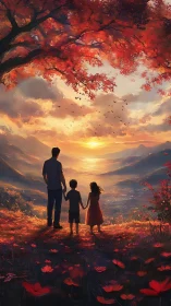 Family watches a glowing autumn sunset over misty valley